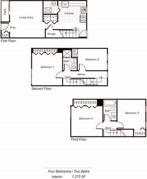 Floor plan for 4 beds, 2 baths, 1275 sqft